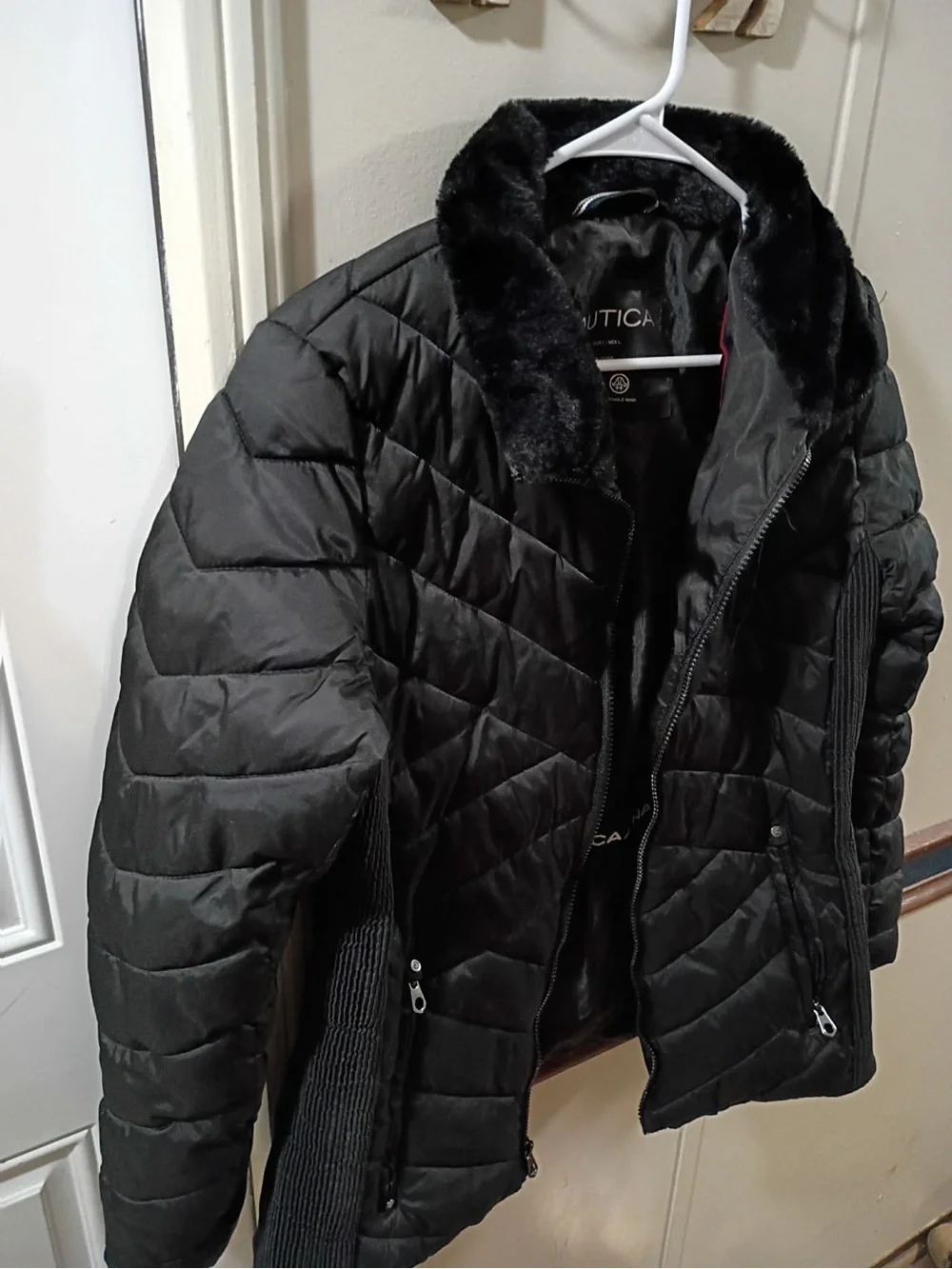Nautica Black Quilted Puffer Jacket with Faux Fur Collar